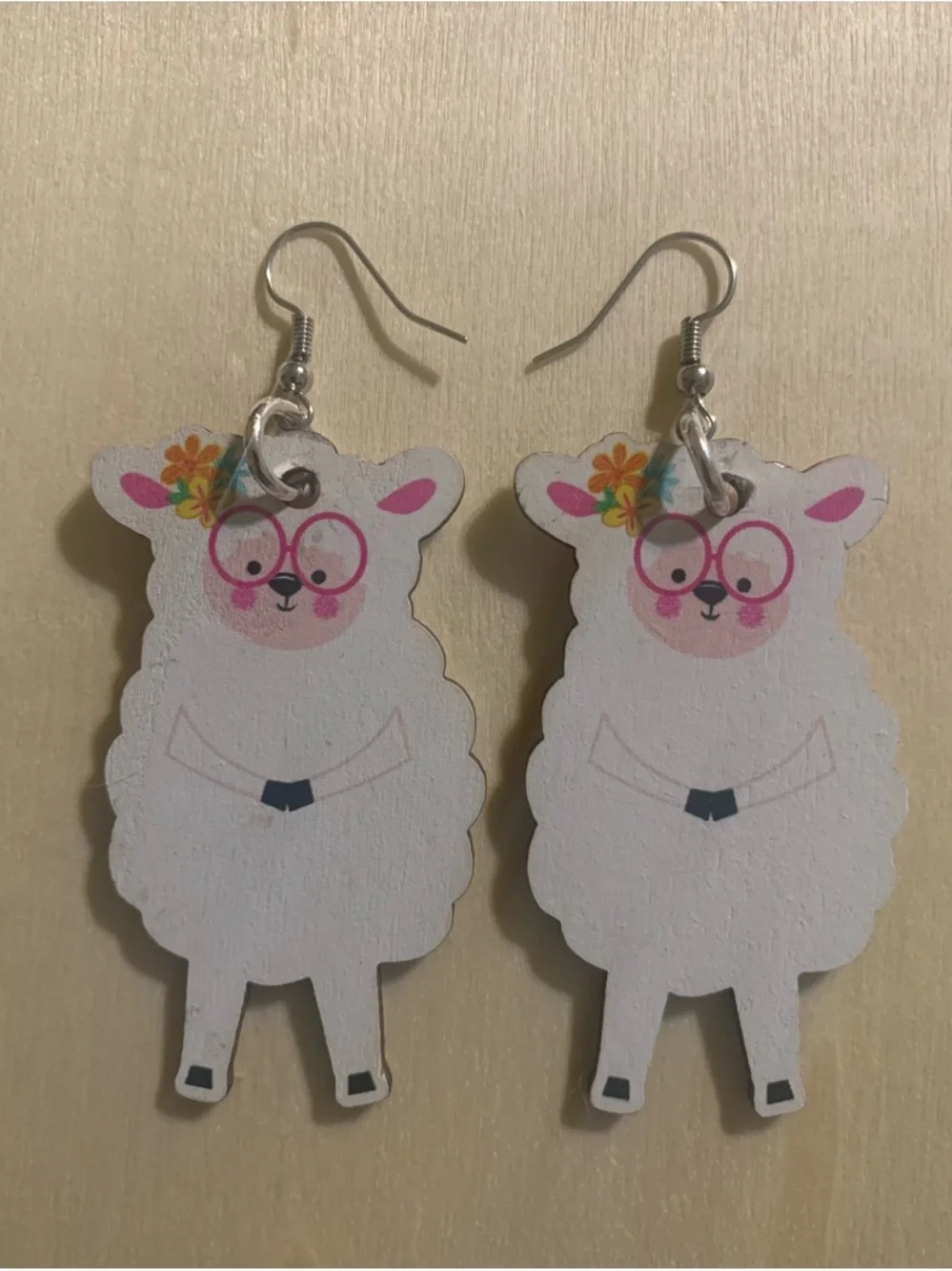 Cute White Sheep Dangle Earrings with Pink Accents